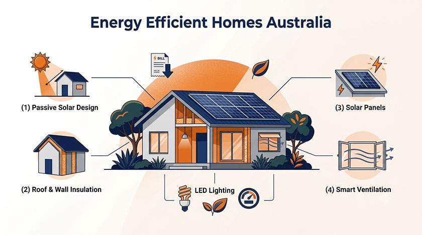 Energy efficient home in Australia with solar panels, insulation, LED lighting, and smart ventilation